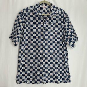 Disney men’s button up shirt size large blue and white checker Mickey and stars
